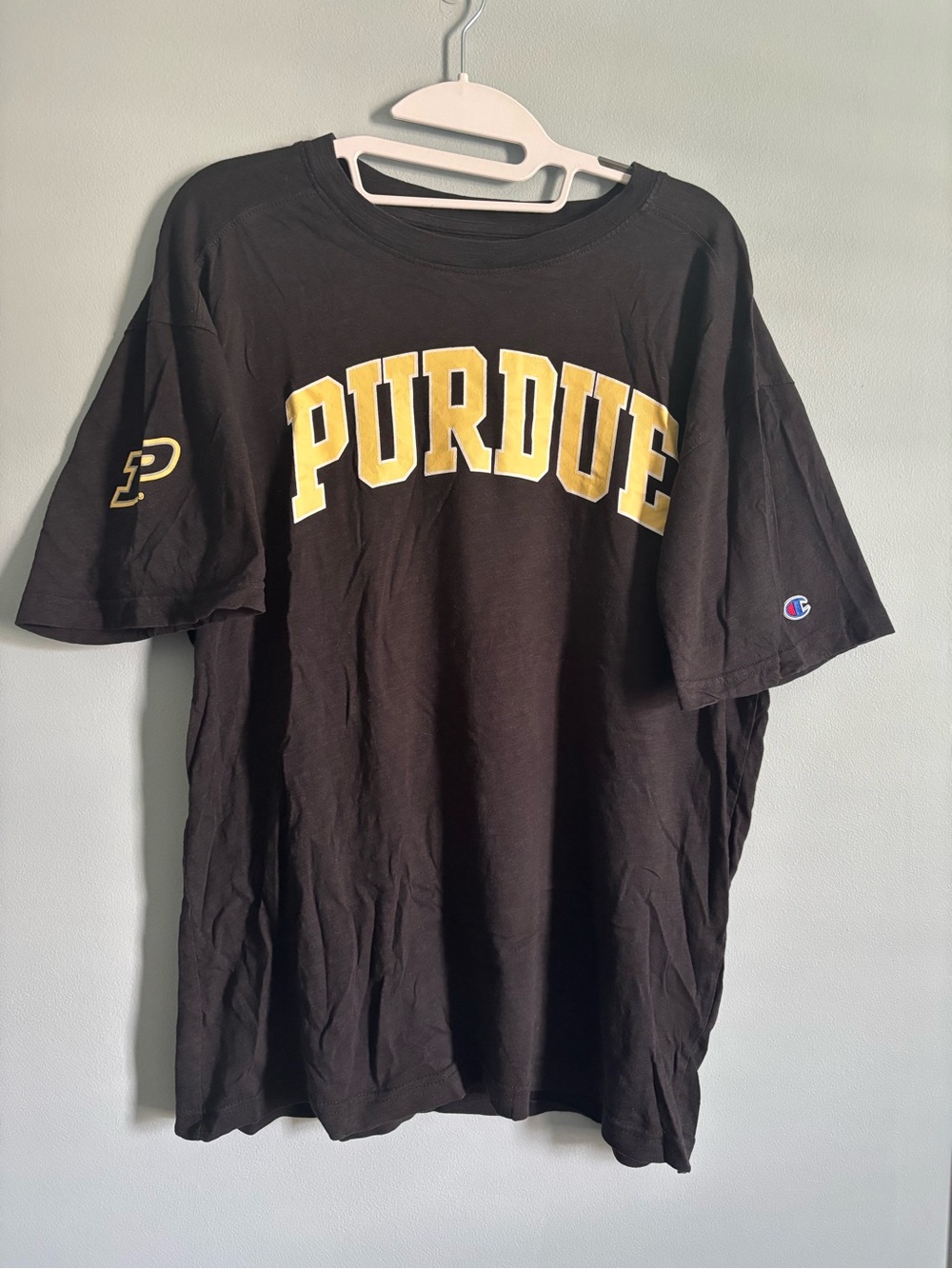 Champion Black Tee with Yellow Purdue Arch Logo